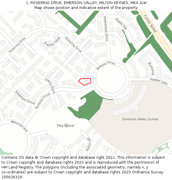 1, PICKERING DRIVE, EMERSON VALLEY, MILTON KEYNES, MK4 2LW: Location map and indicative extent of plot