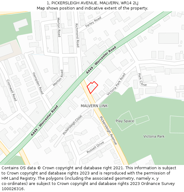 1, PICKERSLEIGH AVENUE, MALVERN, WR14 2LJ: Location map and indicative extent of plot