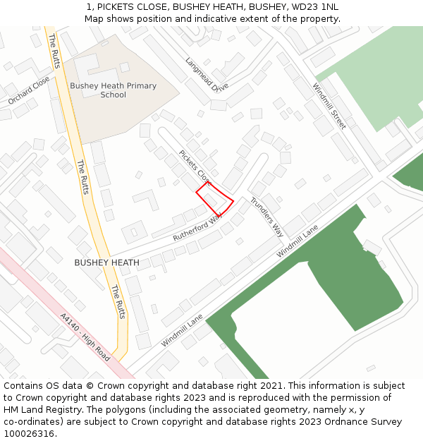 1, PICKETS CLOSE, BUSHEY HEATH, BUSHEY, WD23 1NL: Location map and indicative extent of plot