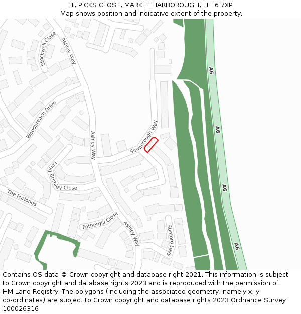 1, PICKS CLOSE, MARKET HARBOROUGH, LE16 7XP: Location map and indicative extent of plot