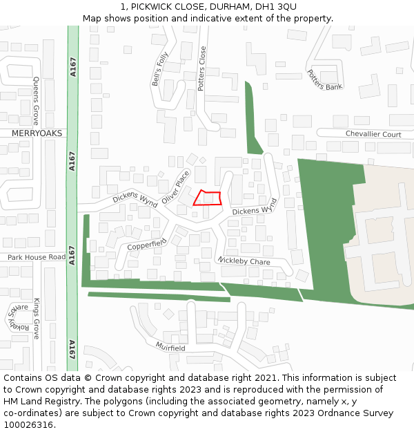 1, PICKWICK CLOSE, DURHAM, DH1 3QU: Location map and indicative extent of plot