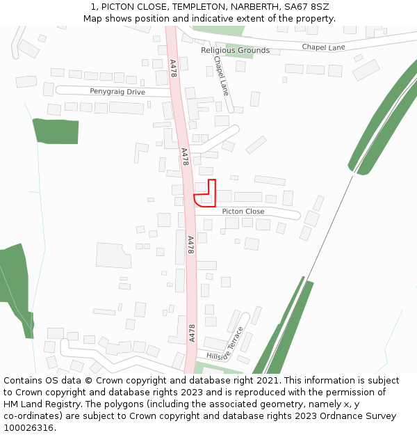 1, PICTON CLOSE, TEMPLETON, NARBERTH, SA67 8SZ: Location map and indicative extent of plot