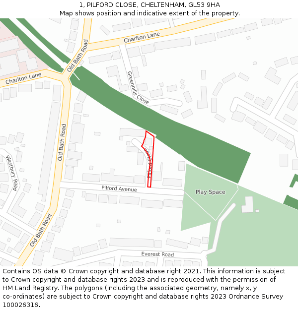 1, PILFORD CLOSE, CHELTENHAM, GL53 9HA: Location map and indicative extent of plot