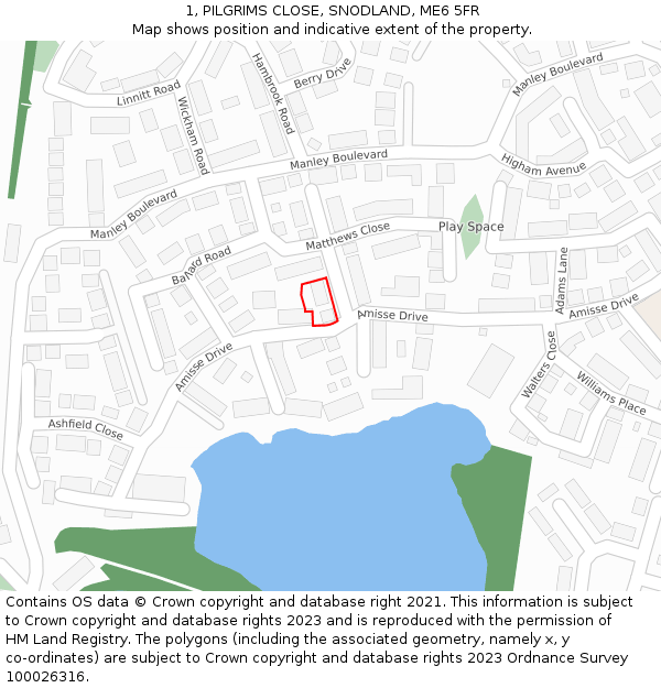 1, PILGRIMS CLOSE, SNODLAND, ME6 5FR: Location map and indicative extent of plot