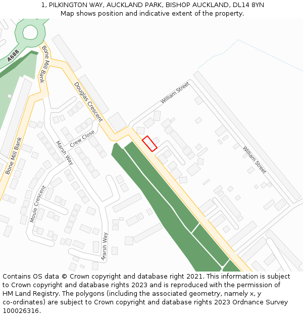 1, PILKINGTON WAY, AUCKLAND PARK, BISHOP AUCKLAND, DL14 8YN: Location map and indicative extent of plot
