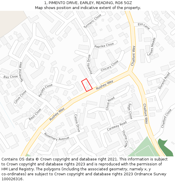 1, PIMENTO DRIVE, EARLEY, READING, RG6 5GZ: Location map and indicative extent of plot