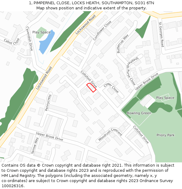 1, PIMPERNEL CLOSE, LOCKS HEATH, SOUTHAMPTON, SO31 6TN: Location map and indicative extent of plot