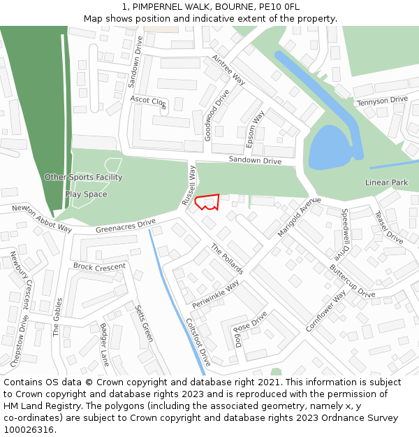 1, PIMPERNEL WALK, BOURNE, PE10 0FL: Location map and indicative extent of plot