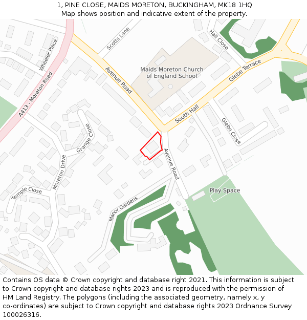 1, PINE CLOSE, MAIDS MORETON, BUCKINGHAM, MK18 1HQ: Location map and indicative extent of plot