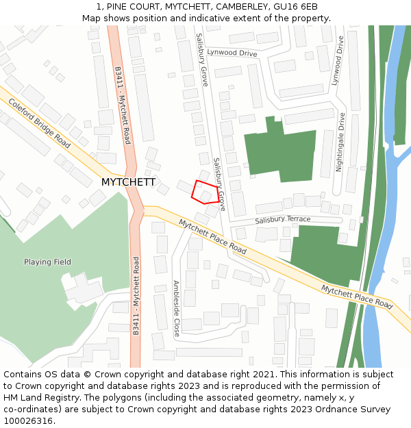 1, PINE COURT, MYTCHETT, CAMBERLEY, GU16 6EB: Location map and indicative extent of plot