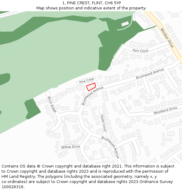 1, PINE CREST, FLINT, CH6 5YP: Location map and indicative extent of plot