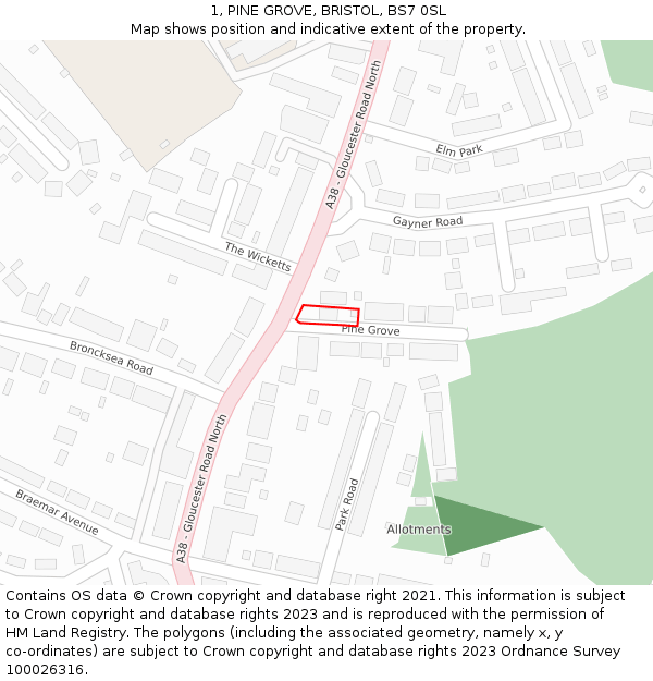 1, PINE GROVE, BRISTOL, BS7 0SL: Location map and indicative extent of plot