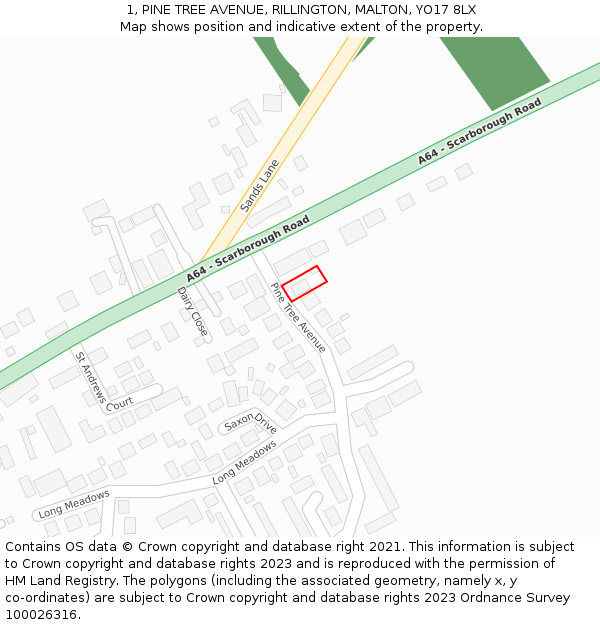 1, PINE TREE AVENUE, RILLINGTON, MALTON, YO17 8LX: Location map and indicative extent of plot