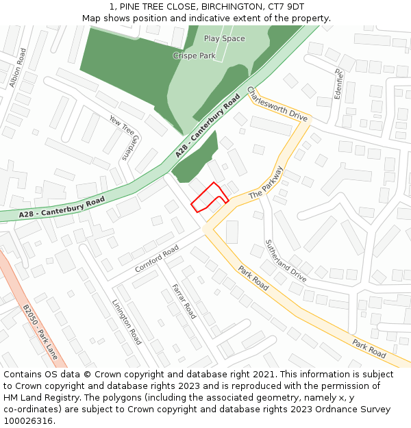 1, PINE TREE CLOSE, BIRCHINGTON, CT7 9DT: Location map and indicative extent of plot