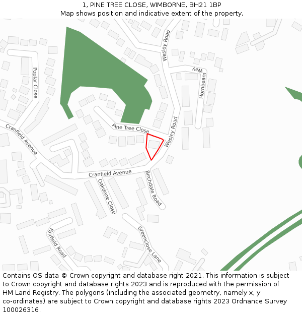 1, PINE TREE CLOSE, WIMBORNE, BH21 1BP: Location map and indicative extent of plot