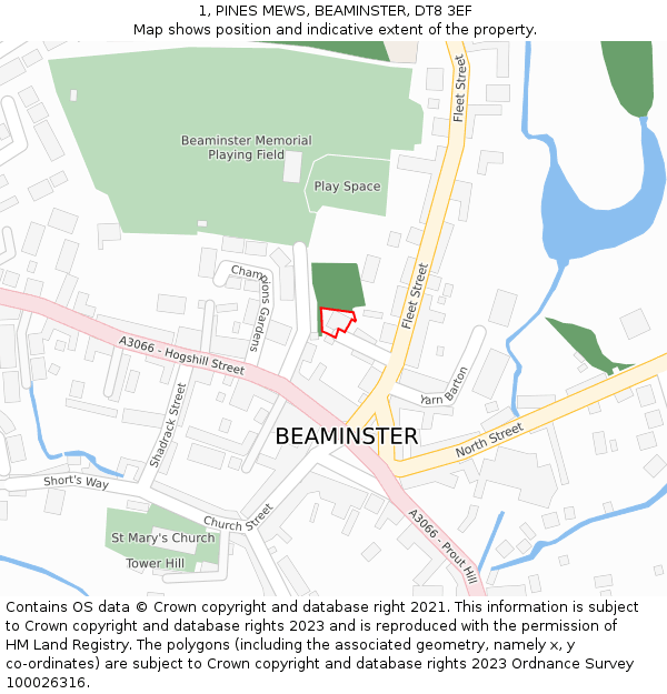 1, PINES MEWS, BEAMINSTER, DT8 3EF: Location map and indicative extent of plot