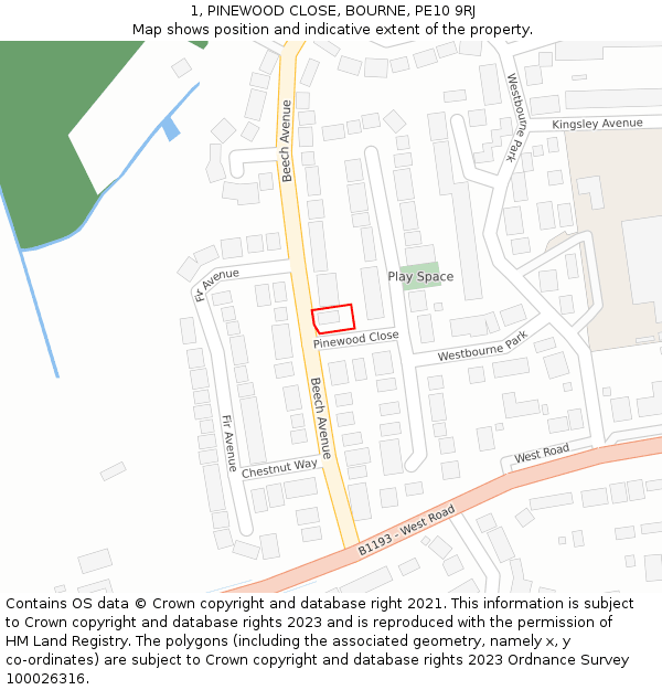 1, PINEWOOD CLOSE, BOURNE, PE10 9RJ: Location map and indicative extent of plot