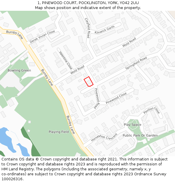 1, PINEWOOD COURT, POCKLINGTON, YORK, YO42 2UU: Location map and indicative extent of plot