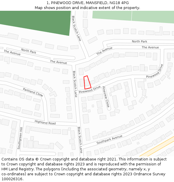 1, PINEWOOD DRIVE, MANSFIELD, NG18 4PG: Location map and indicative extent of plot