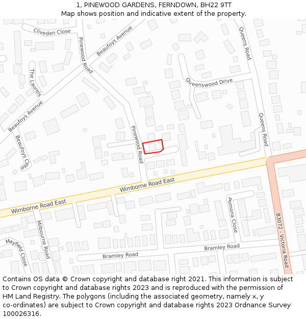 1, PINEWOOD GARDENS, FERNDOWN, BH22 9TT: Location map and indicative extent of plot