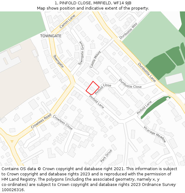 1, PINFOLD CLOSE, MIRFIELD, WF14 9JB: Location map and indicative extent of plot