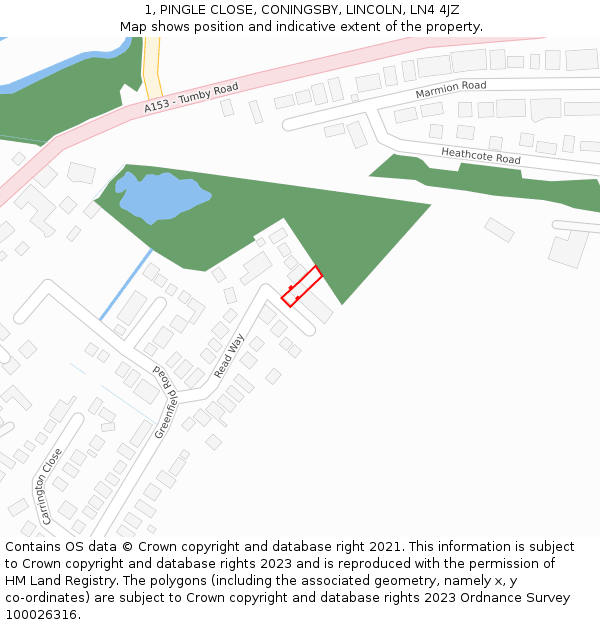 1, PINGLE CLOSE, CONINGSBY, LINCOLN, LN4 4JZ: Location map and indicative extent of plot