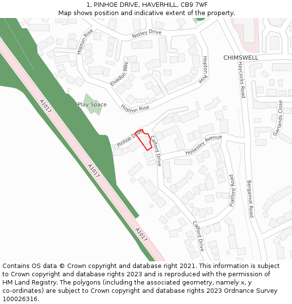 1, PINHOE DRIVE, HAVERHILL, CB9 7WF: Location map and indicative extent of plot