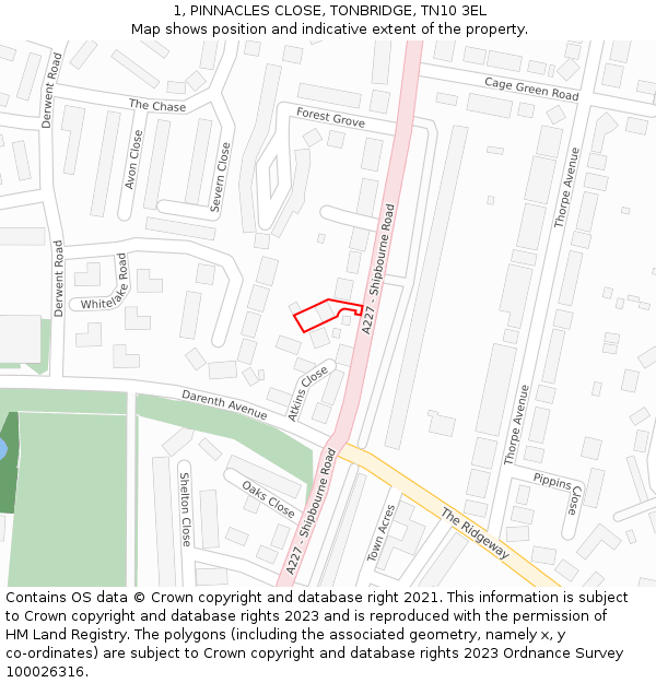 1, PINNACLES CLOSE, TONBRIDGE, TN10 3EL: Location map and indicative extent of plot