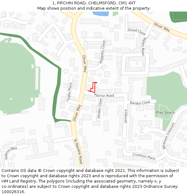 1, PIPCHIN ROAD, CHELMSFORD, CM1 4XT: Location map and indicative extent of plot