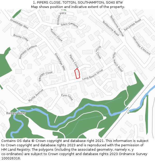 1, PIPERS CLOSE, TOTTON, SOUTHAMPTON, SO40 8TW: Location map and indicative extent of plot