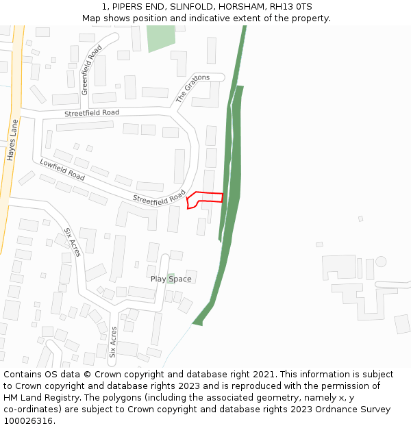 1, PIPERS END, SLINFOLD, HORSHAM, RH13 0TS: Location map and indicative extent of plot