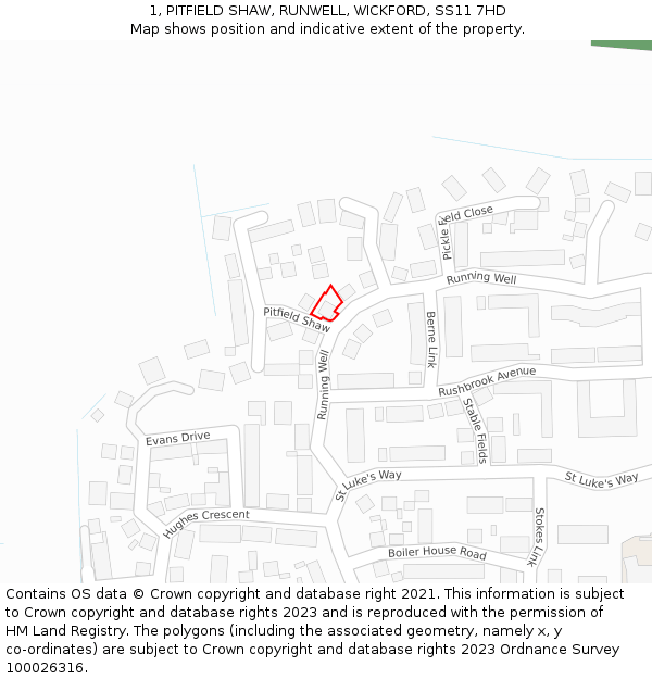 1, PITFIELD SHAW, RUNWELL, WICKFORD, SS11 7HD: Location map and indicative extent of plot