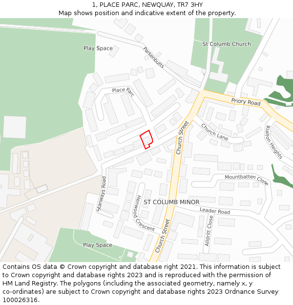 1, PLACE PARC, NEWQUAY, TR7 3HY: Location map and indicative extent of plot