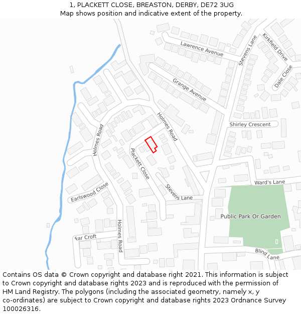1, PLACKETT CLOSE, BREASTON, DERBY, DE72 3UG: Location map and indicative extent of plot