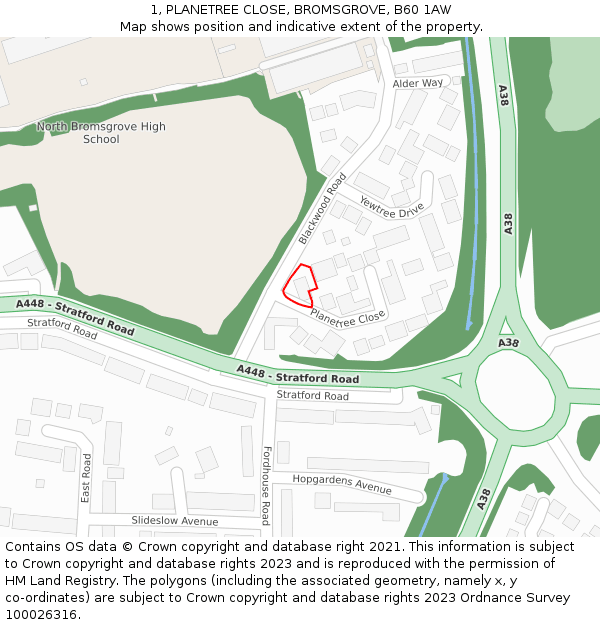 1, PLANETREE CLOSE, BROMSGROVE, B60 1AW: Location map and indicative extent of plot