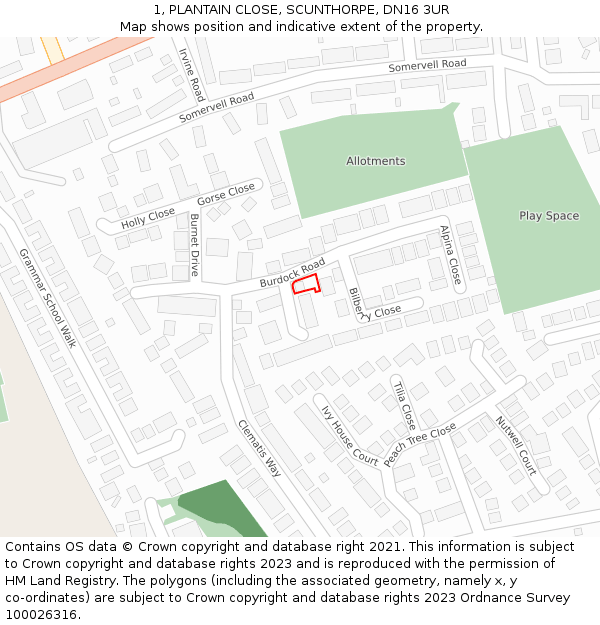 1, PLANTAIN CLOSE, SCUNTHORPE, DN16 3UR: Location map and indicative extent of plot