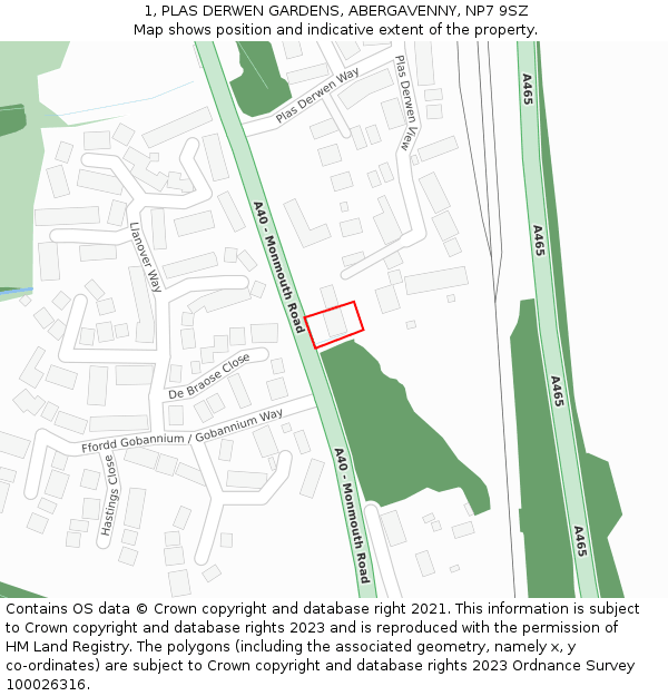 1, PLAS DERWEN GARDENS, ABERGAVENNY, NP7 9SZ: Location map and indicative extent of plot