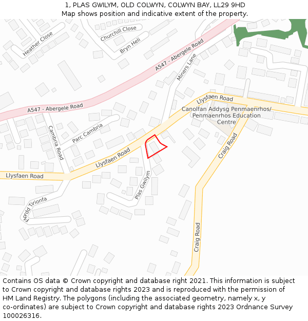 1, PLAS GWILYM, OLD COLWYN, COLWYN BAY, LL29 9HD: Location map and indicative extent of plot