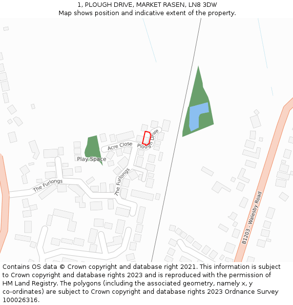 1, PLOUGH DRIVE, MARKET RASEN, LN8 3DW: Location map and indicative extent of plot