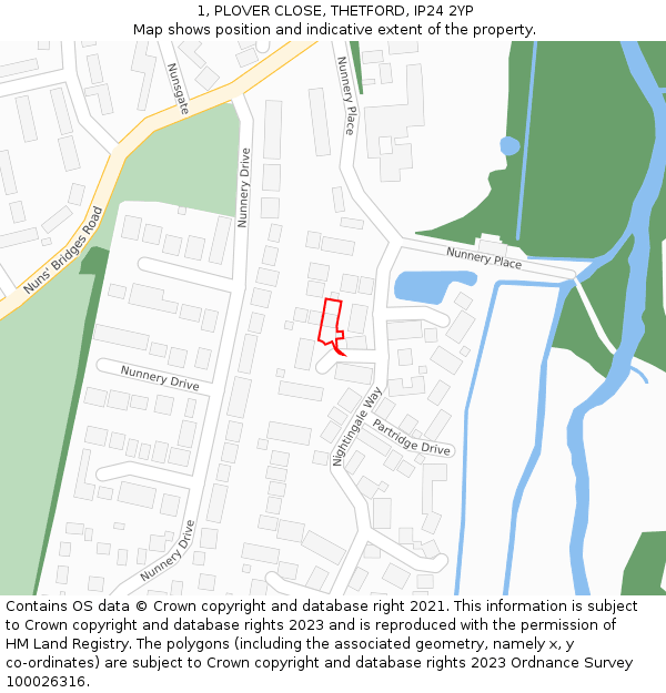 1, PLOVER CLOSE, THETFORD, IP24 2YP: Location map and indicative extent of plot