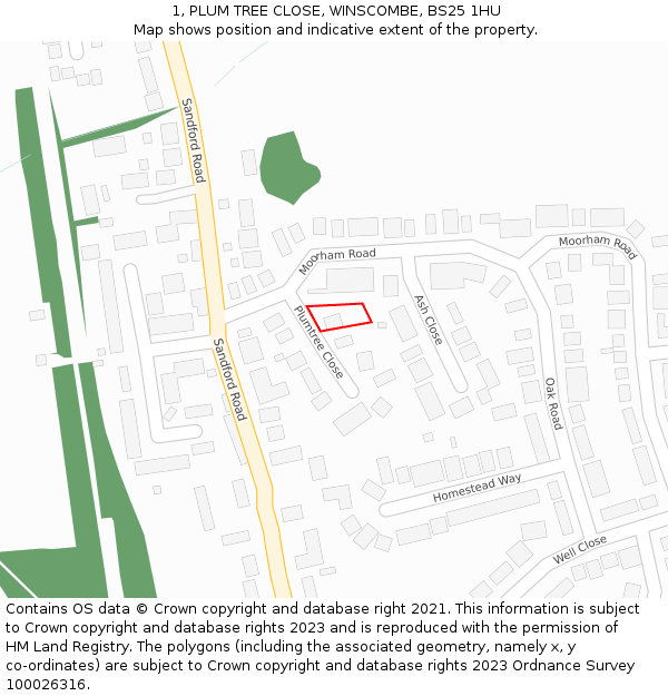 1, PLUM TREE CLOSE, WINSCOMBE, BS25 1HU: Location map and indicative extent of plot