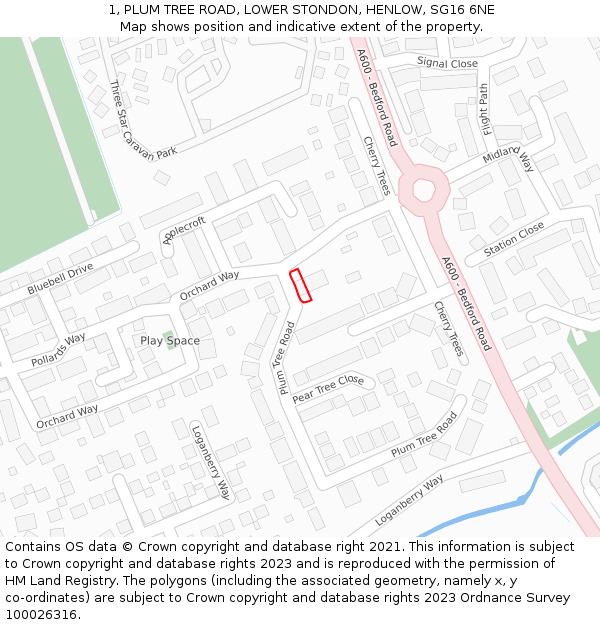 1, PLUM TREE ROAD, LOWER STONDON, HENLOW, SG16 6NE: Location map and indicative extent of plot