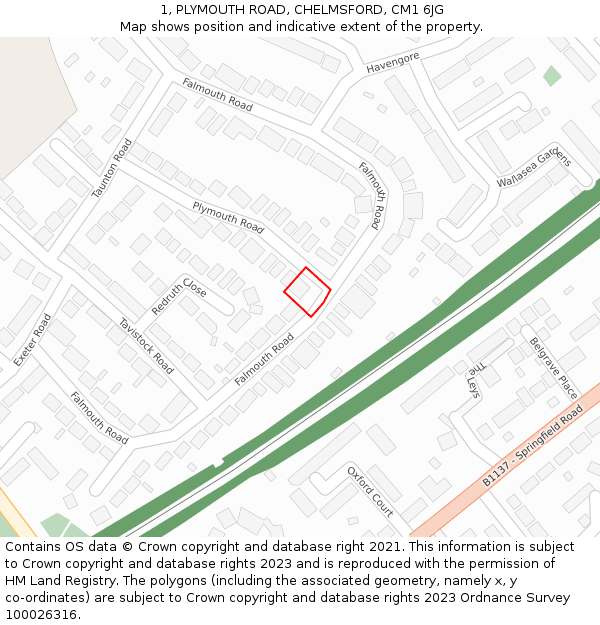 1, PLYMOUTH ROAD, CHELMSFORD, CM1 6JG: Location map and indicative extent of plot