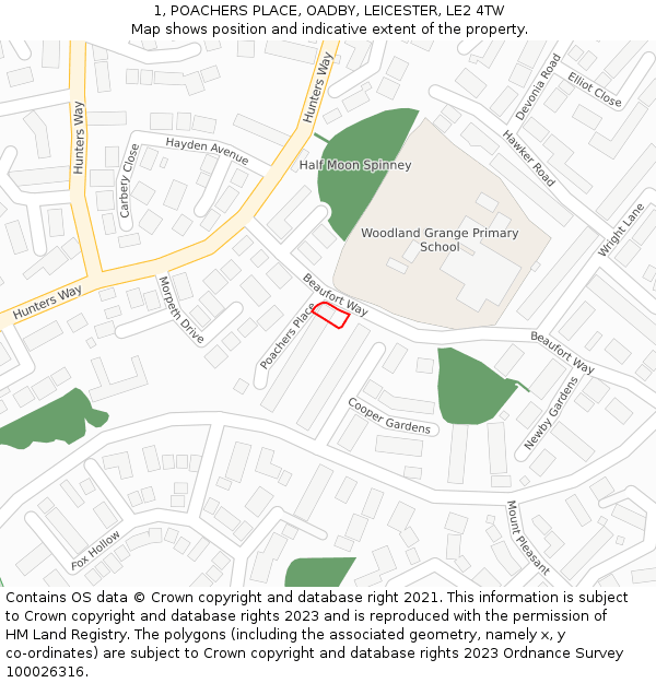 1, POACHERS PLACE, OADBY, LEICESTER, LE2 4TW: Location map and indicative extent of plot