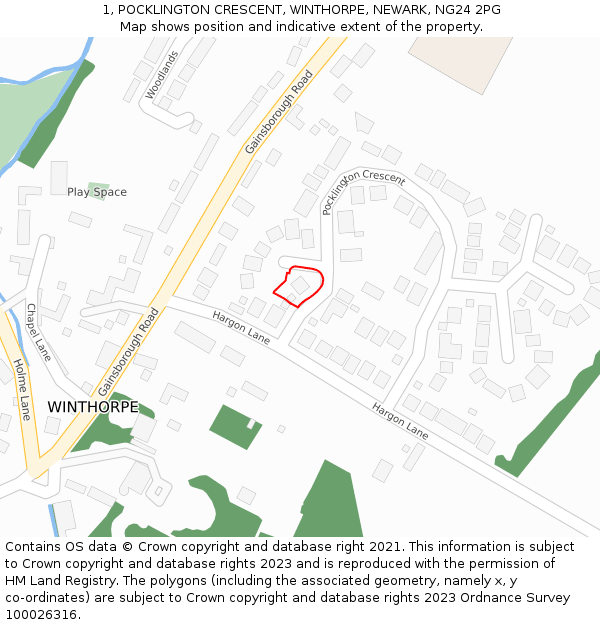 1, POCKLINGTON CRESCENT, WINTHORPE, NEWARK, NG24 2PG: Location map and indicative extent of plot