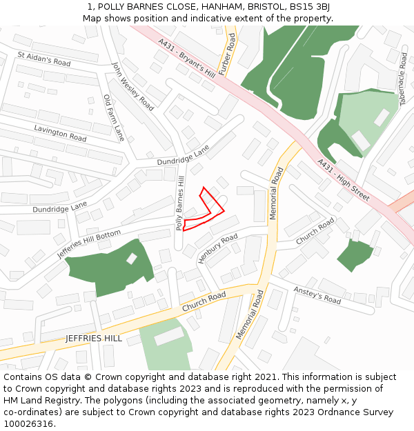 1, POLLY BARNES CLOSE, HANHAM, BRISTOL, BS15 3BJ: Location map and indicative extent of plot