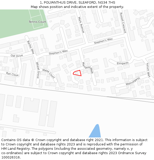 1, POLYANTHUS DRIVE, SLEAFORD, NG34 7HS: Location map and indicative extent of plot