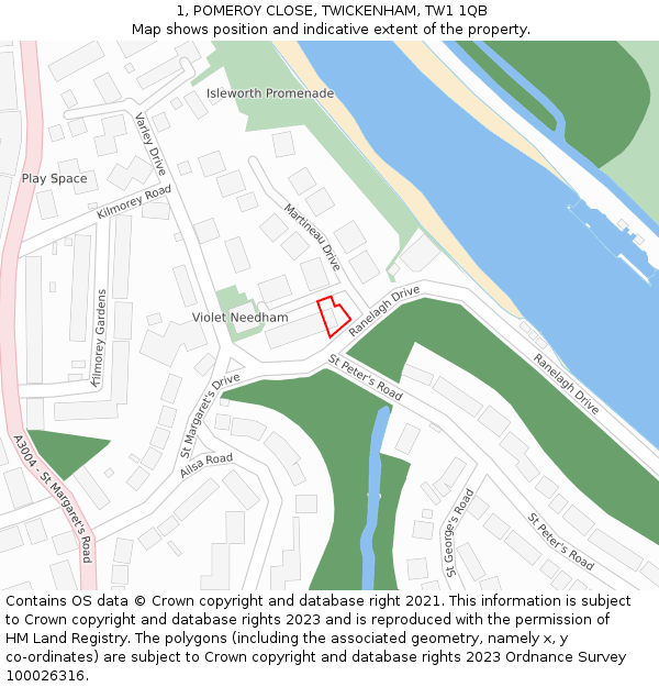 1, POMEROY CLOSE, TWICKENHAM, TW1 1QB: Location map and indicative extent of plot