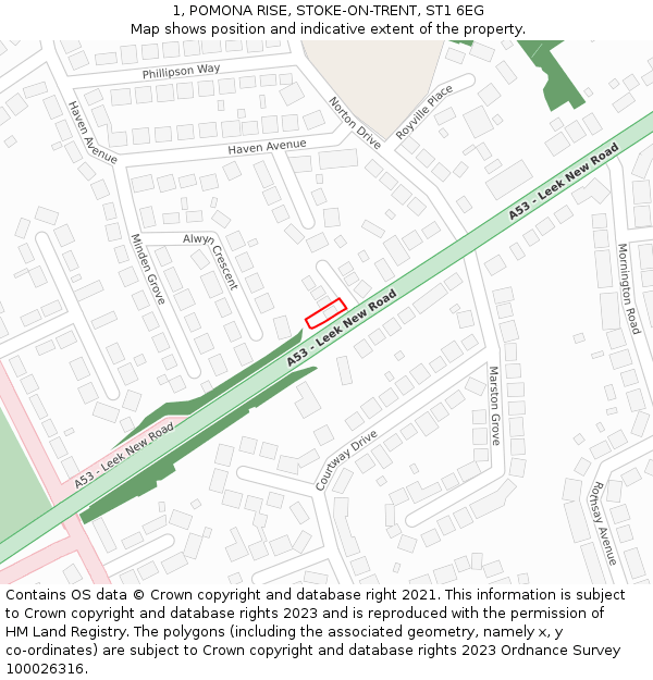 1, POMONA RISE, STOKE-ON-TRENT, ST1 6EG: Location map and indicative extent of plot