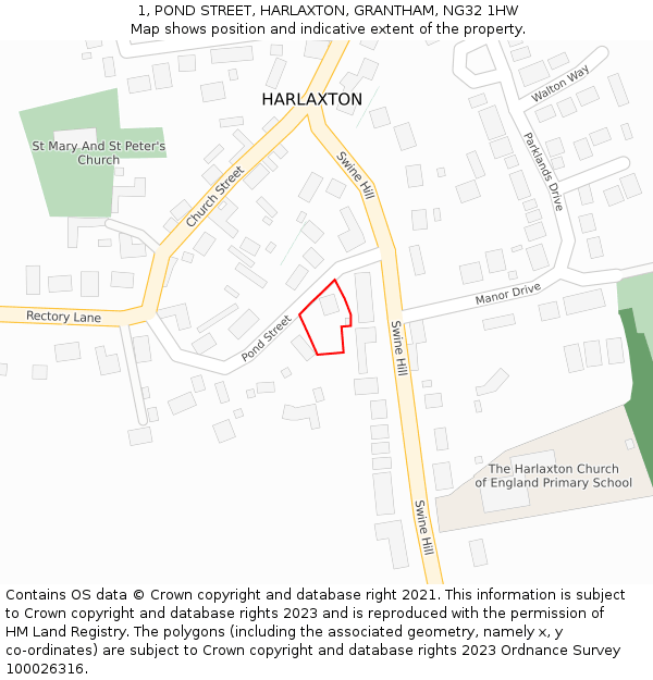 1, POND STREET, HARLAXTON, GRANTHAM, NG32 1HW: Location map and indicative extent of plot